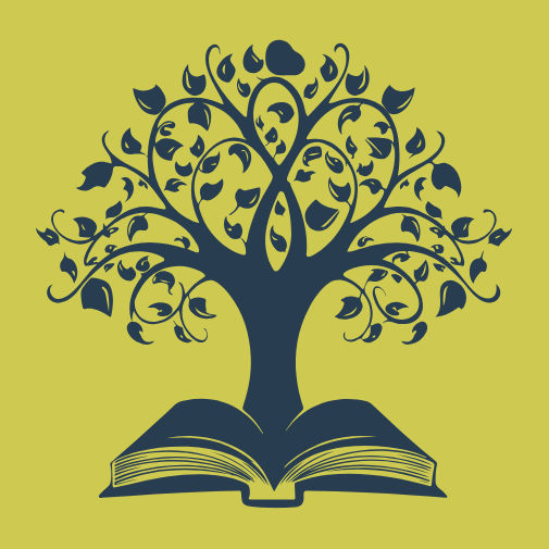 Icon with green background. In the foreground is an image of a blue tree emerging from an open book.
